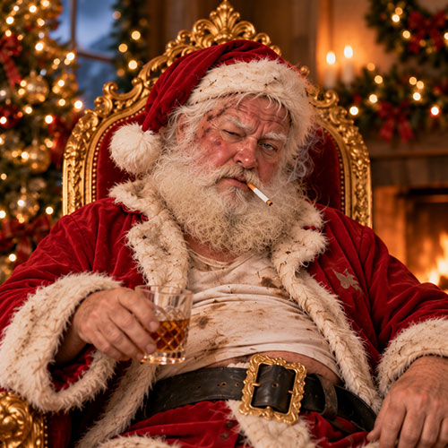 Bad Santa in a stained red suit, cigarette in mouth, holding a glass of whiskey